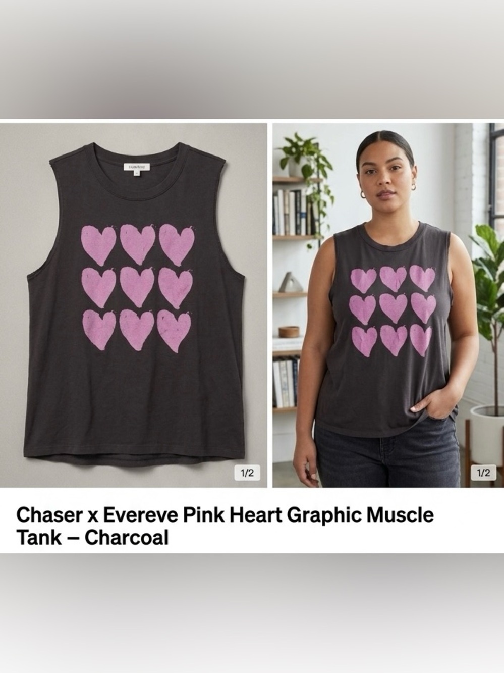 Chaser x Evereve Pink Heart Graphic Muscle Tank - Charcoal - Size L